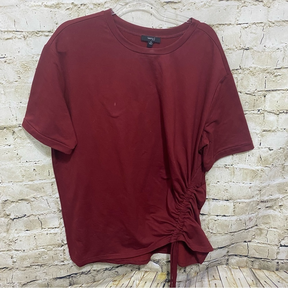 Very J Burgundy Maroon Side Tie Ruched Short Sleeve Top